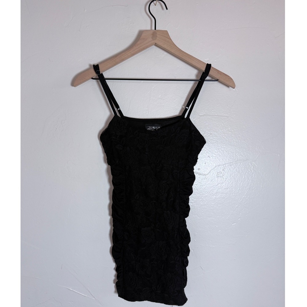 FCNY Black Floral Lace Ruched Cami Top Y2K Spaghetti Strap Medium Whimsigoth